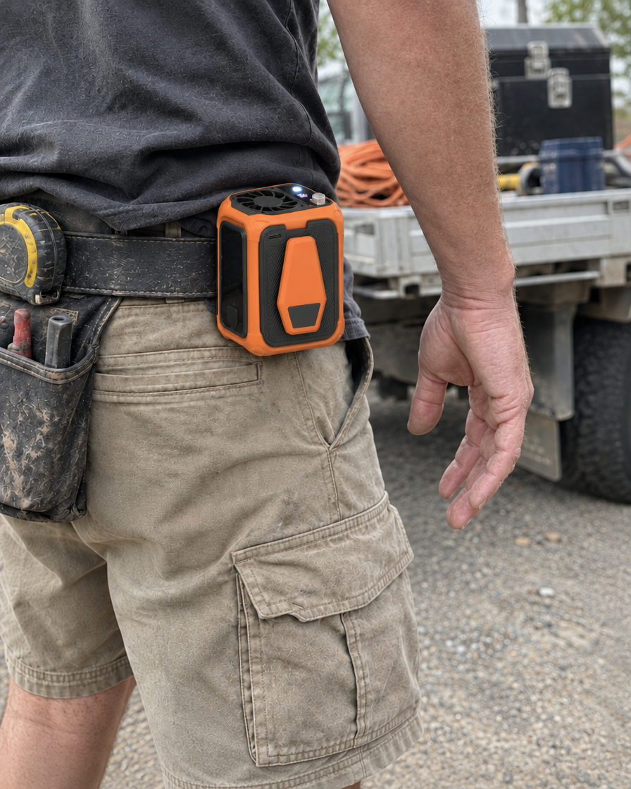 The clip-on fan on a tool belt at the hip, showing the clip on its outward face