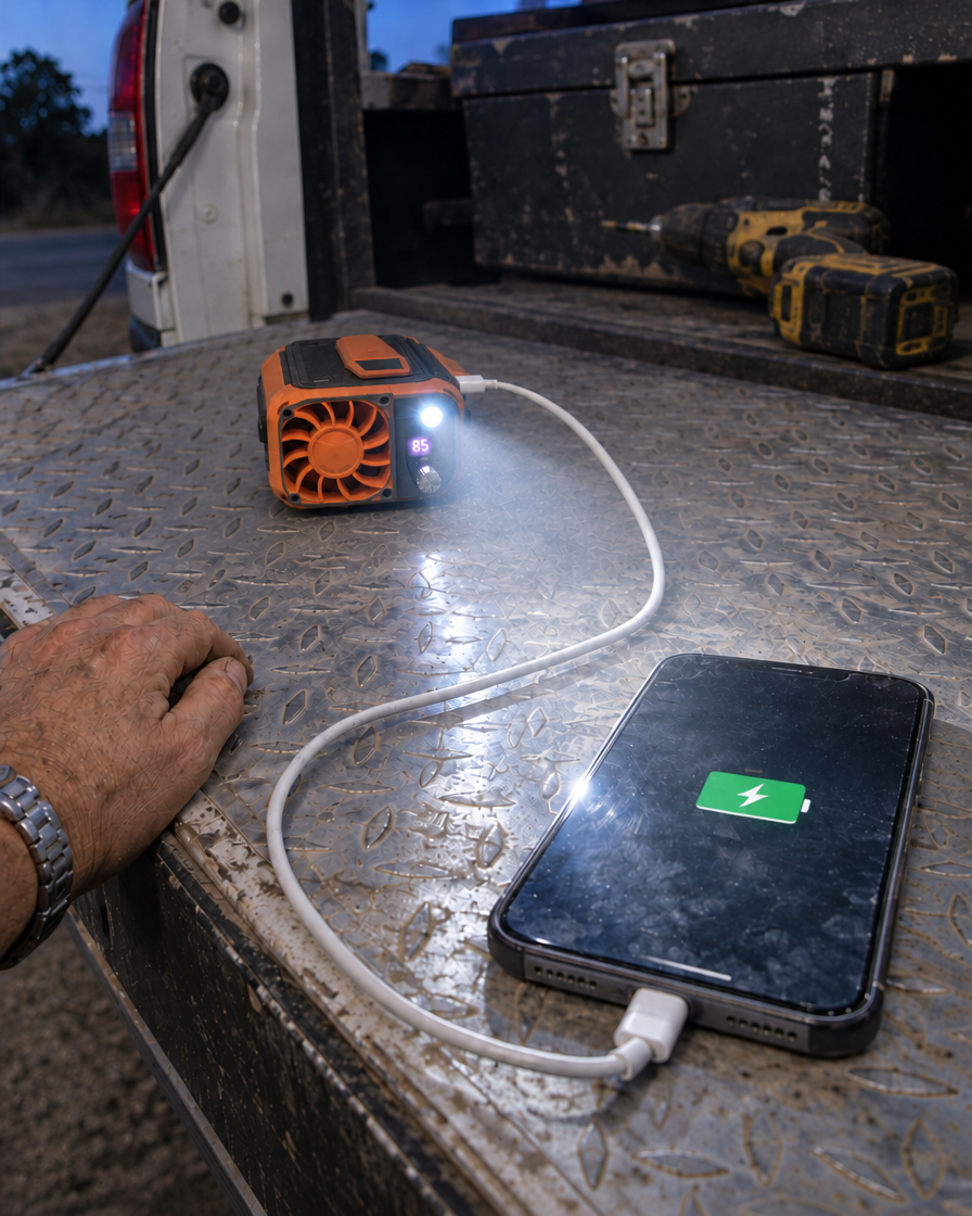 The fan with its torch on, shining towards a phone that is charging from it on a ute tailgate