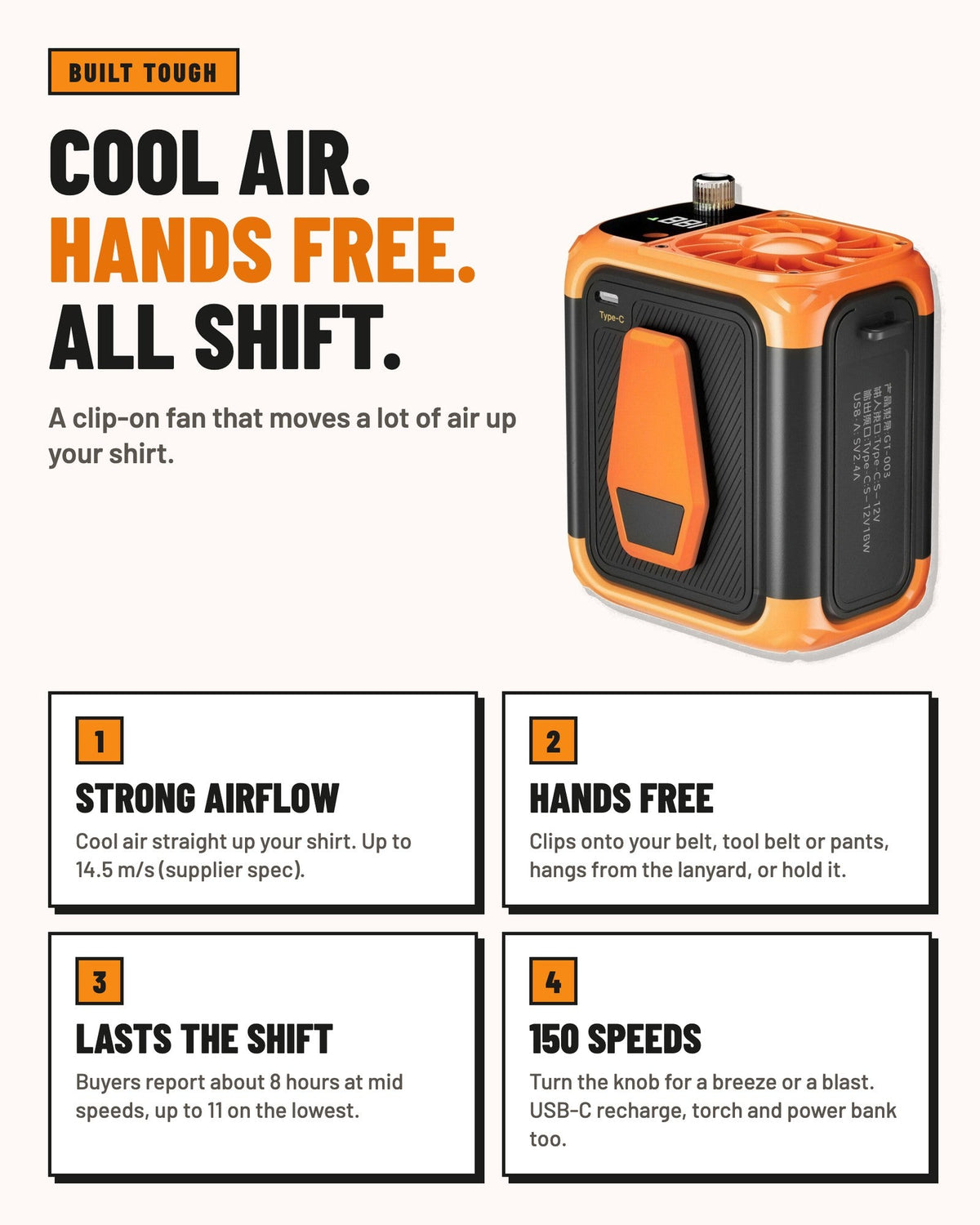 Cool air, hands free, all shift: four things the fan does