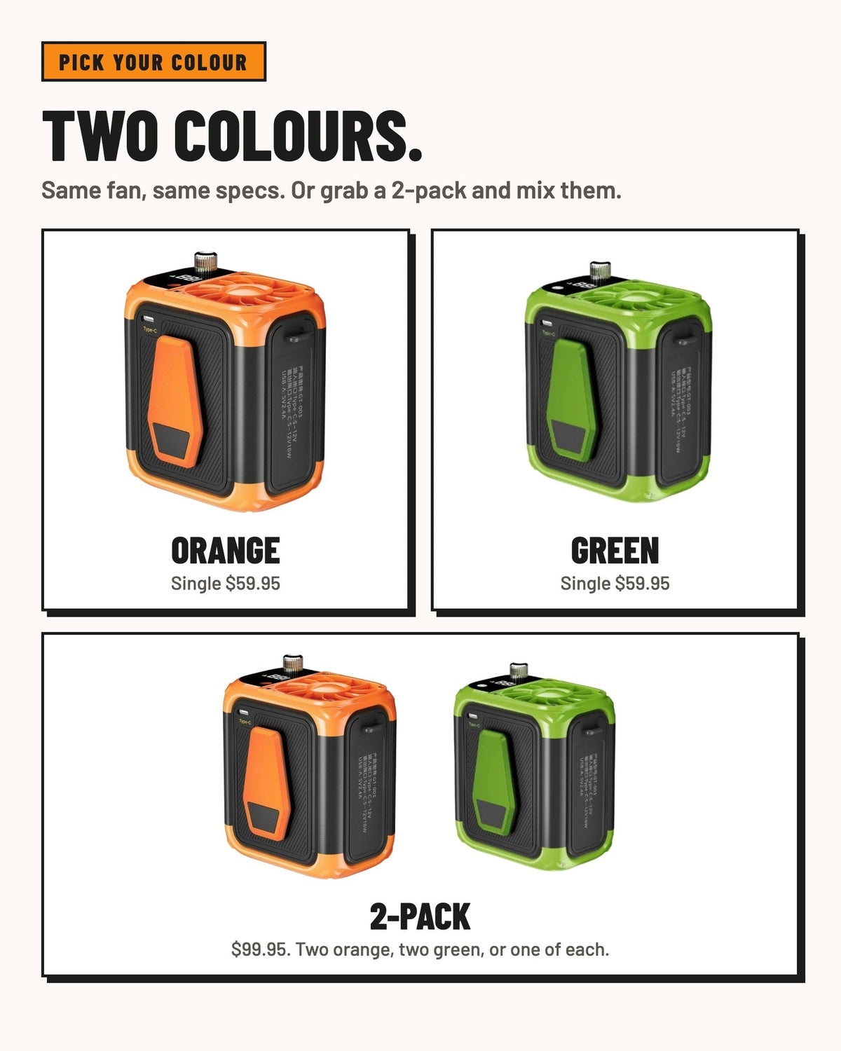 The fan in orange and green, single or 2-pack