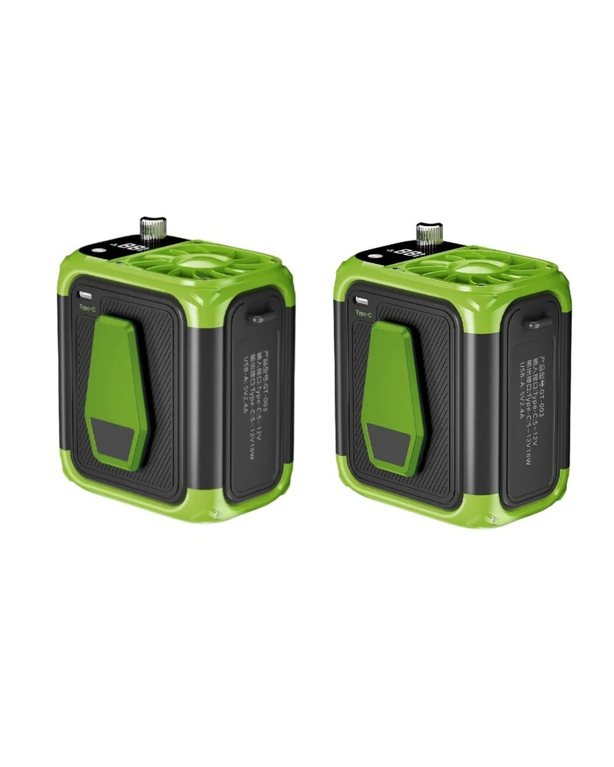 Two green clip-on cooling fans