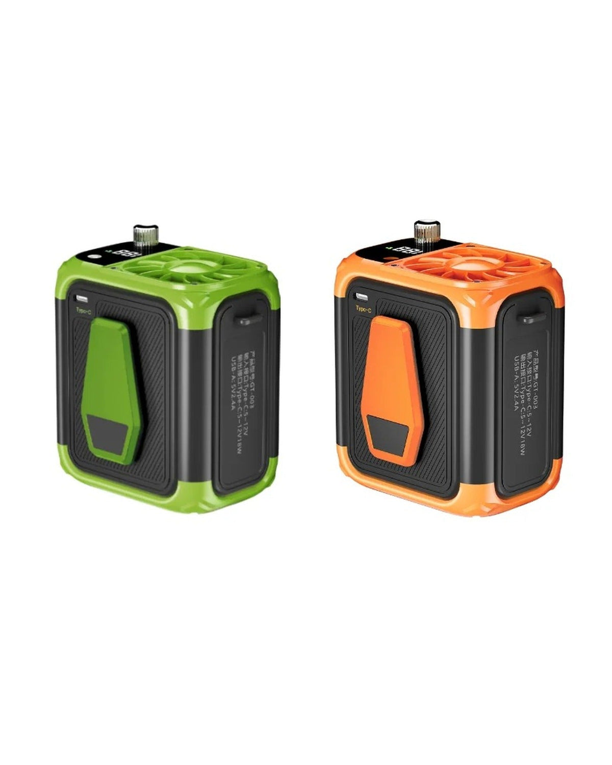 One green and one orange clip-on cooling fan