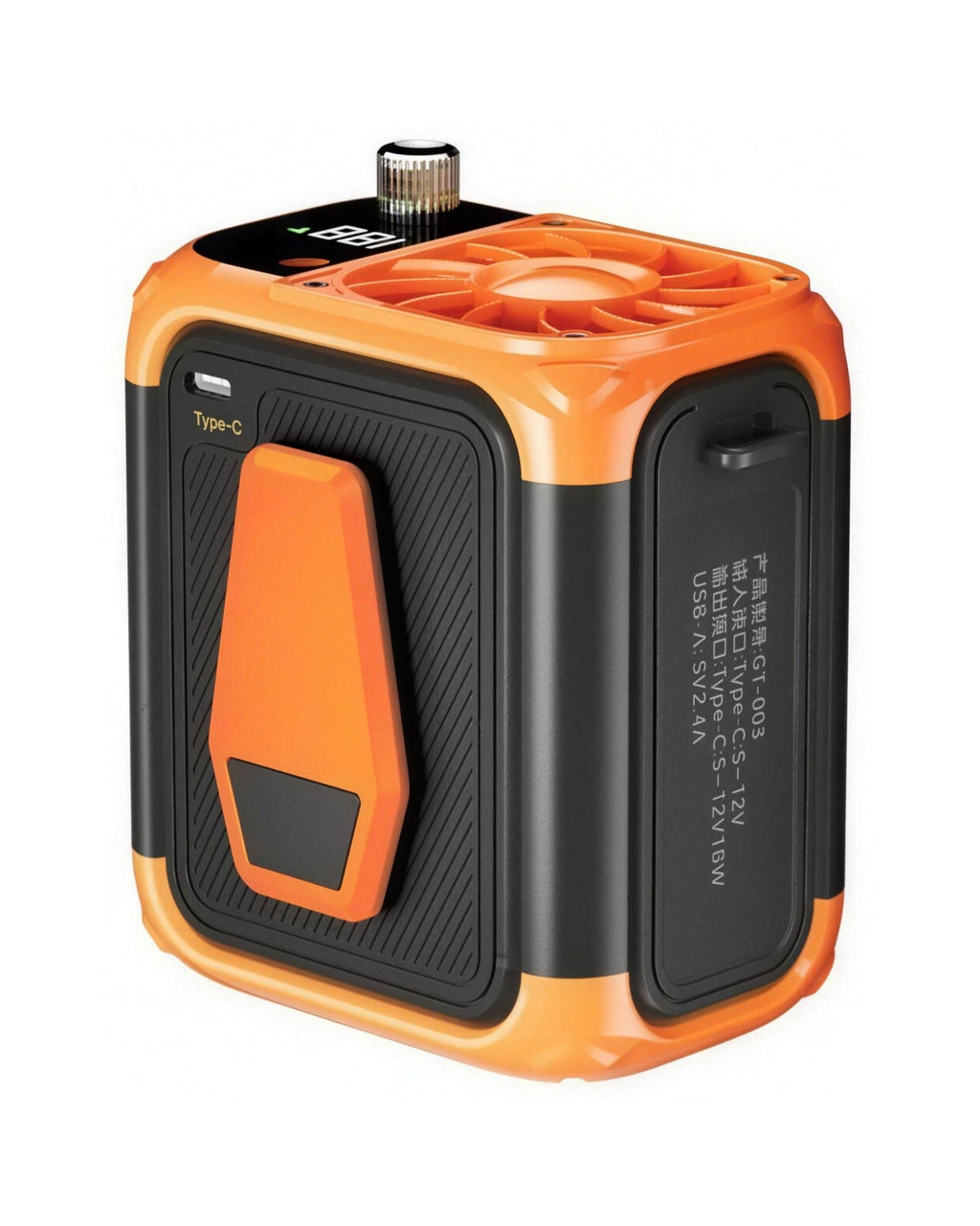 Orange clip-on cooling fan with digital display and Type-C port