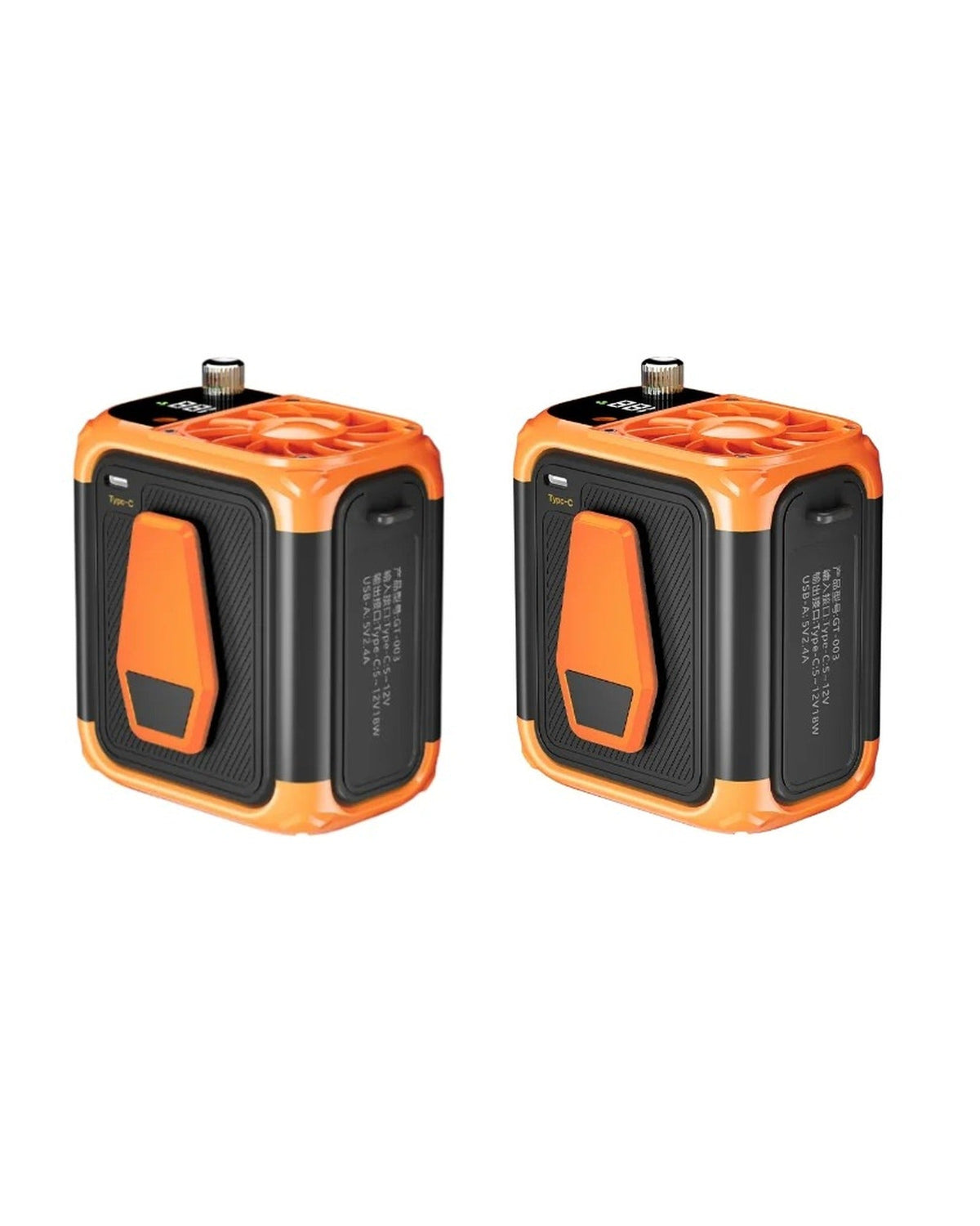 Two orange clip-on cooling fans